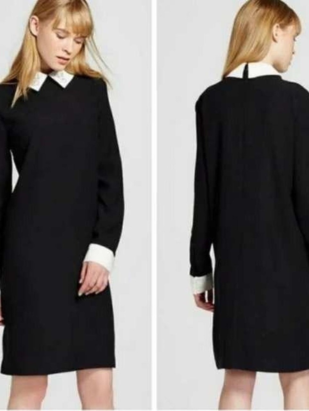 Victoria Beckham Black Long-Sleeve Shift Dress with White Collar and Cuffs